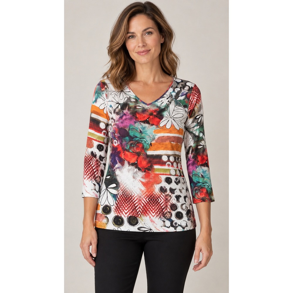 Tricotto Womens Wearable Art Floral Print V-Neck 3/4 Sleeve Top Style XS